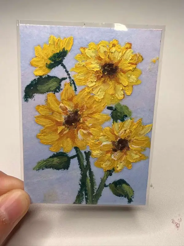 ACEO ORIGINAL, Abstract Oil Pastel Flowers, Sunflowers 01, New Signed Mini Art aceo art card