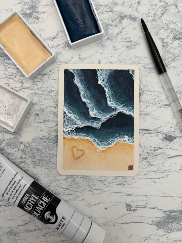 Heart beach waves aceo art card