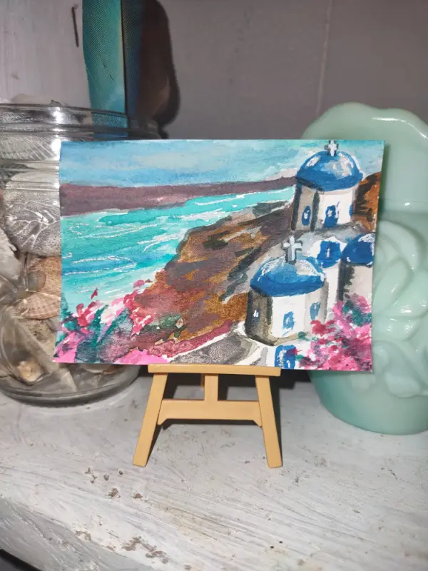ACEO Original Artwork "Tiny Santorini" Greece, Watercolors aceo art card
