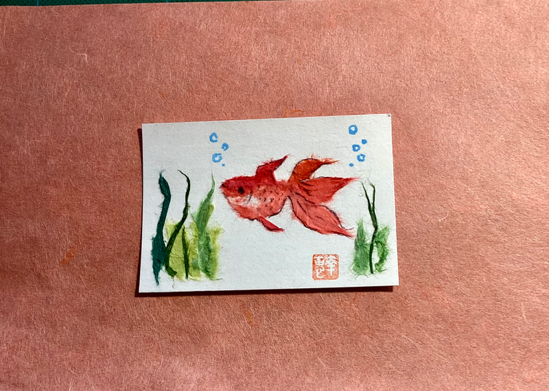Japanese washi art - Red goldfish (side) aceo art card