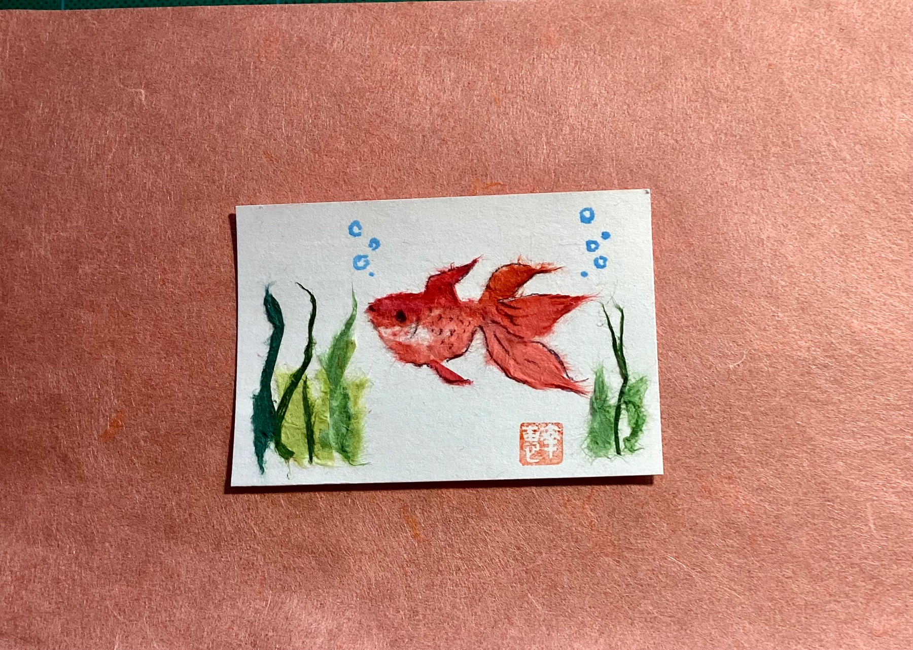 Japanese washi art - Red goldfish (side) aceo art card