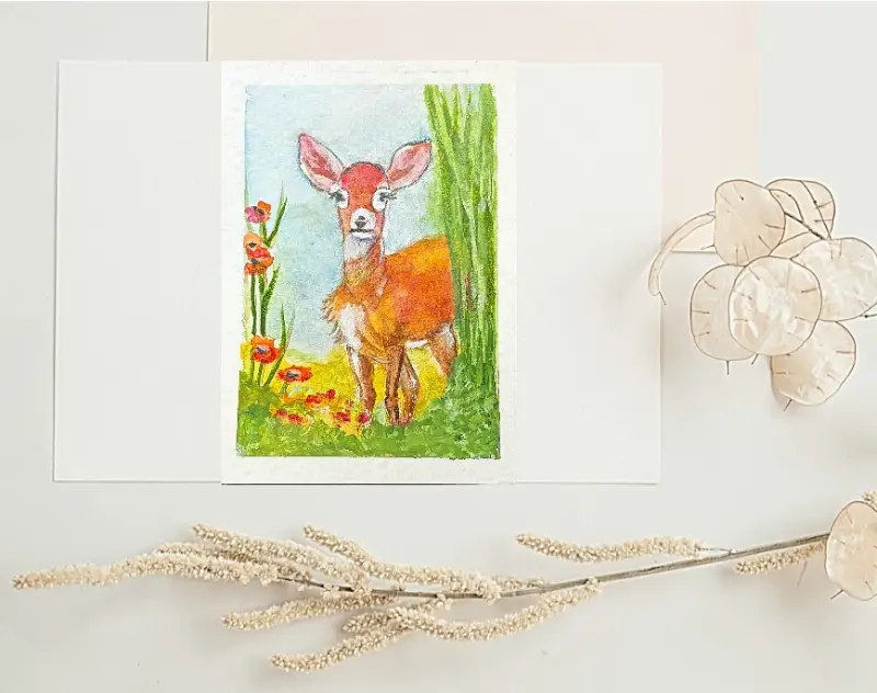 "Peeking At You" ACEO original watercolor Fine Art by Edie SRA OOAK fawn deer whimsical wildlife aceo art card
