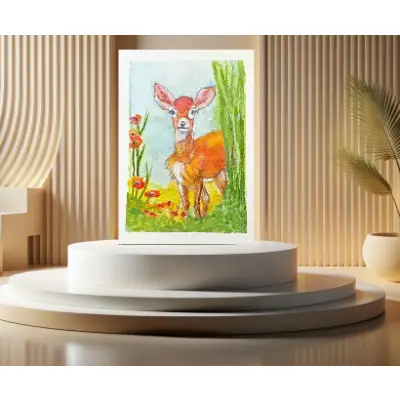 "Peeking At You" ACEO original watercolor Fine Art by Edie SRA OOAK fawn deer whimsical wildlife aceo art card thumbnail 2