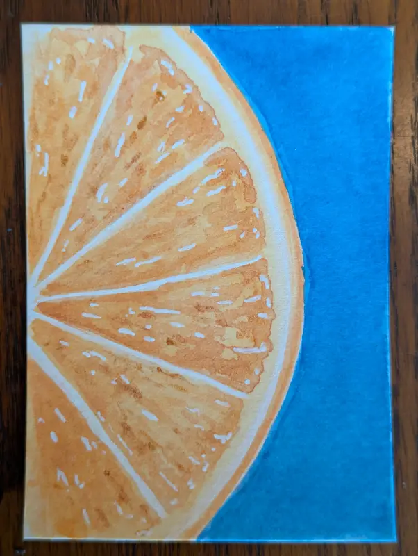 ACEO Original Watercolor Painting of a Cut Orange with Turquoise Background aceo art card