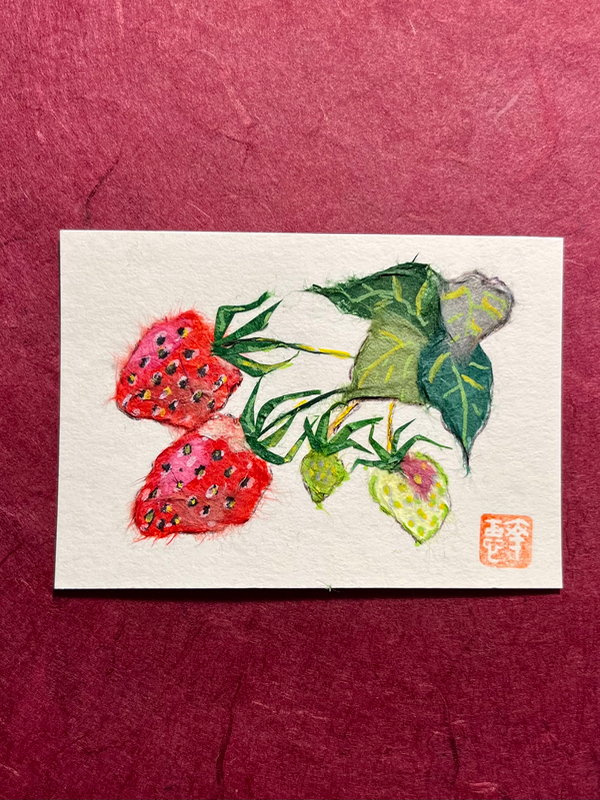 Strawberries on the vine- Japanese Washi art aceo art card