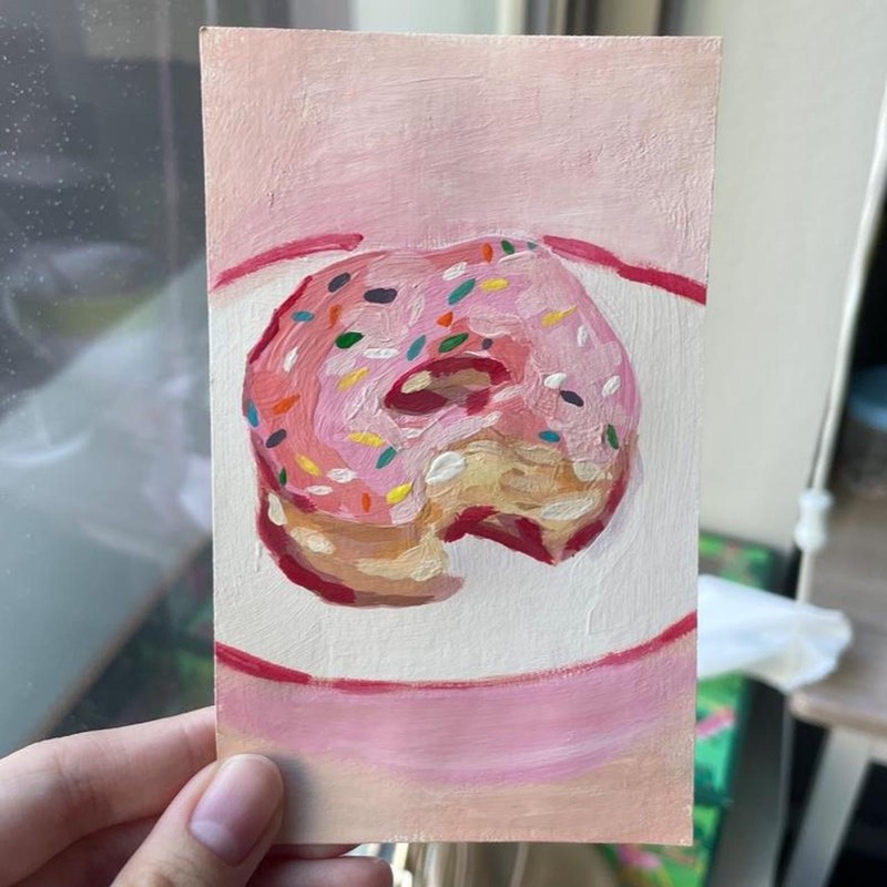 Strawberry Sprinkle Donut ACEO Painting aceo art card