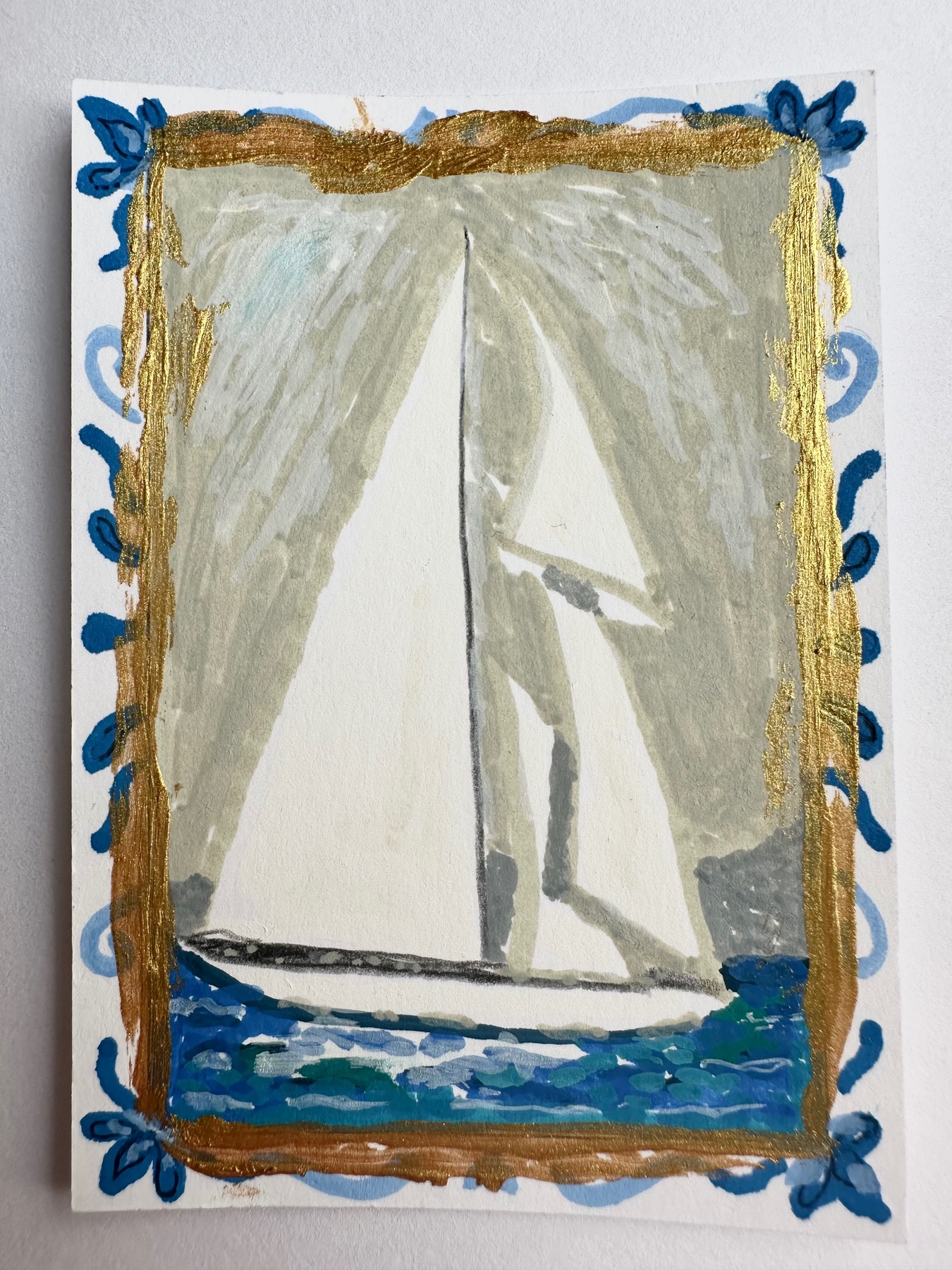 Sailboat Seascape ACEO – “Seas the Day” Original Mini Painting, gold border aceo art card