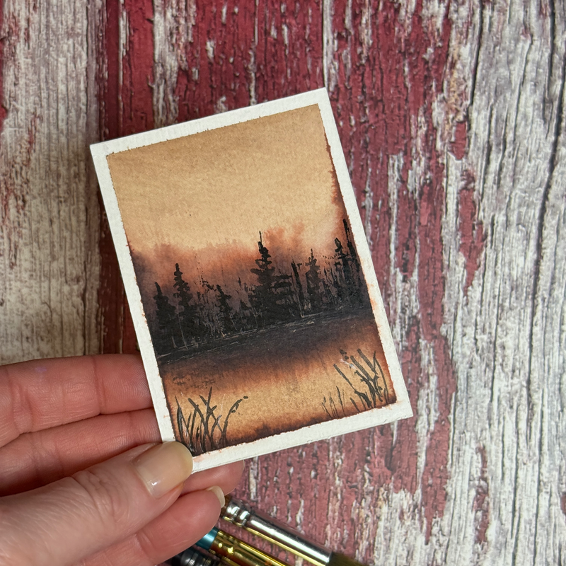 ACEO Watercolor, Landscape, Original, Marsh, “Orange Sherbet Lake”, 3.5x2.5in, By Lark Watercolor aceo art card