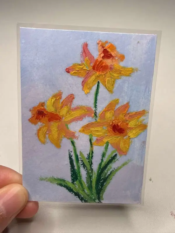 ACEO ORIGINAL, Abstract Oil Pastel Flowers, Daffodil, New Signed Mini Art aceo art card