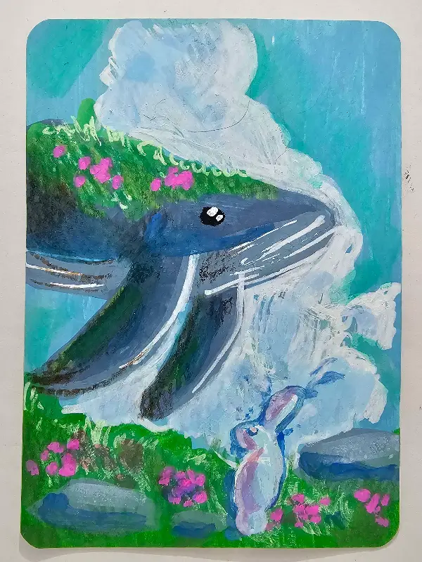 Flying Whale Greeting Bunny aceo art card
