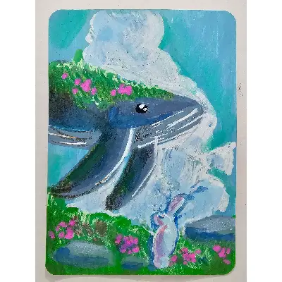 Flying Whale Greeting Bunny aceo art card thumbnail 1