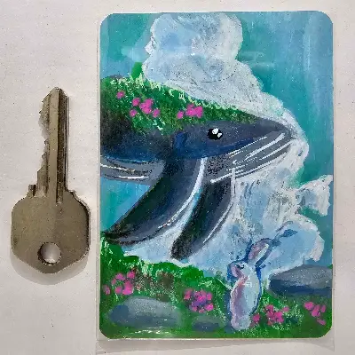 Flying Whale Greeting Bunny aceo art card thumbnail 2