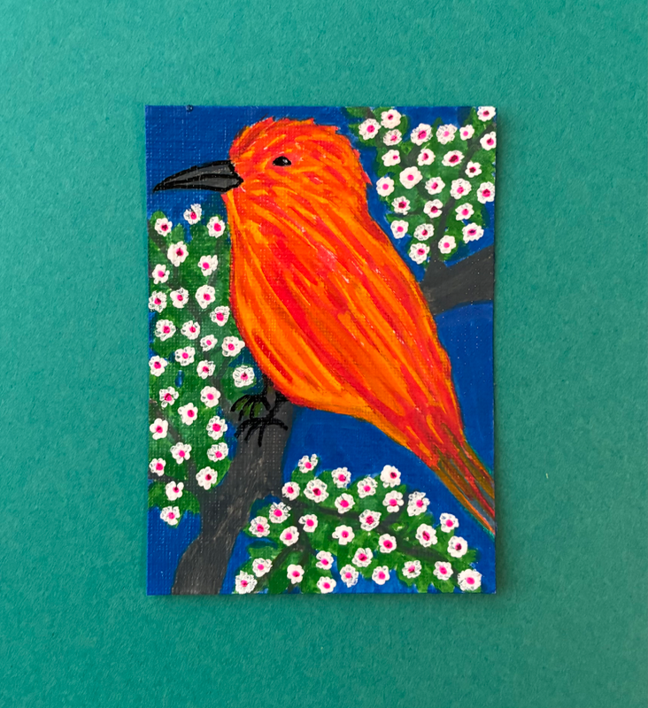 Perched in the Blossoms aceo art card