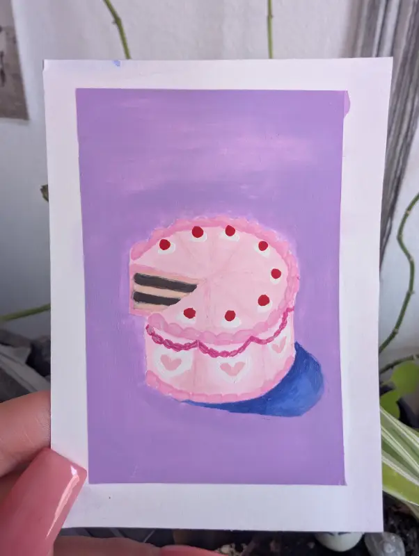 Pink Cake with Cherries on top - 2x3 mini painting aceo art card