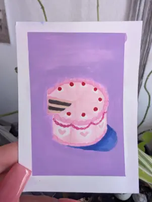 Pink Cake with Cherries on top - 2x3 mini painting aceo art card thumbnail 2
