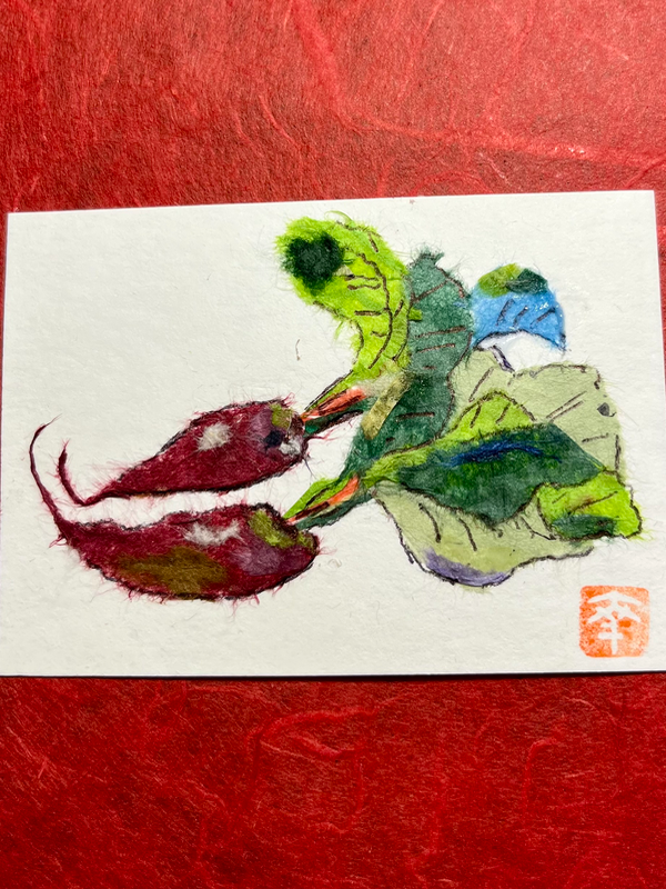 Japanese Washi art- long radishes aceo art card