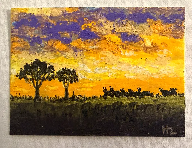 African Sunset - Safari Landscape - Original ACEO - Oil Pastel - Impressionism - OOAK aceo art card