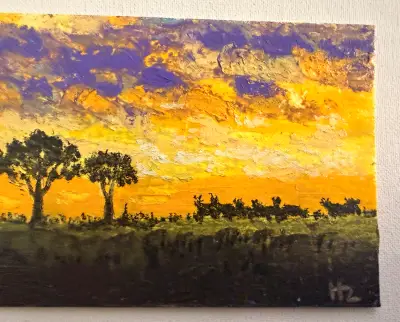 African Sunset - Safari Landscape - Original ACEO - Oil Pastel - Impressionism - OOAK aceo art card thumbnail 2