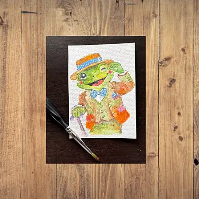 "Dapper Gentleman" ACEO Original Watercolor miniature SRA OOAK anthropomorphic Fine Art by Edie aceo art card thumbnail 2