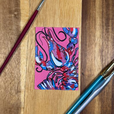 ACEO Original, Crawfish, Seafood, Louisiana, Acrylic, Abstract, By Lark Watercolor and Art aceo art card thumbnail 3