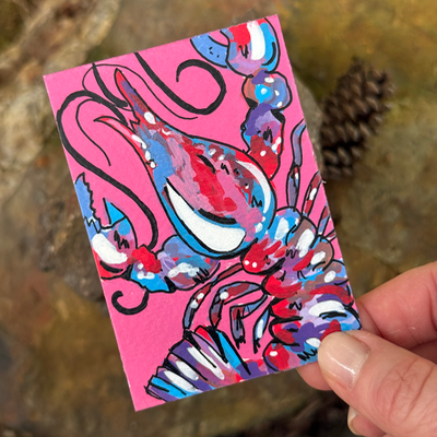 ACEO Original, Crawfish, Seafood, Louisiana, Acrylic, Abstract, By Lark Watercolor and Art aceo art card thumbnail 2
