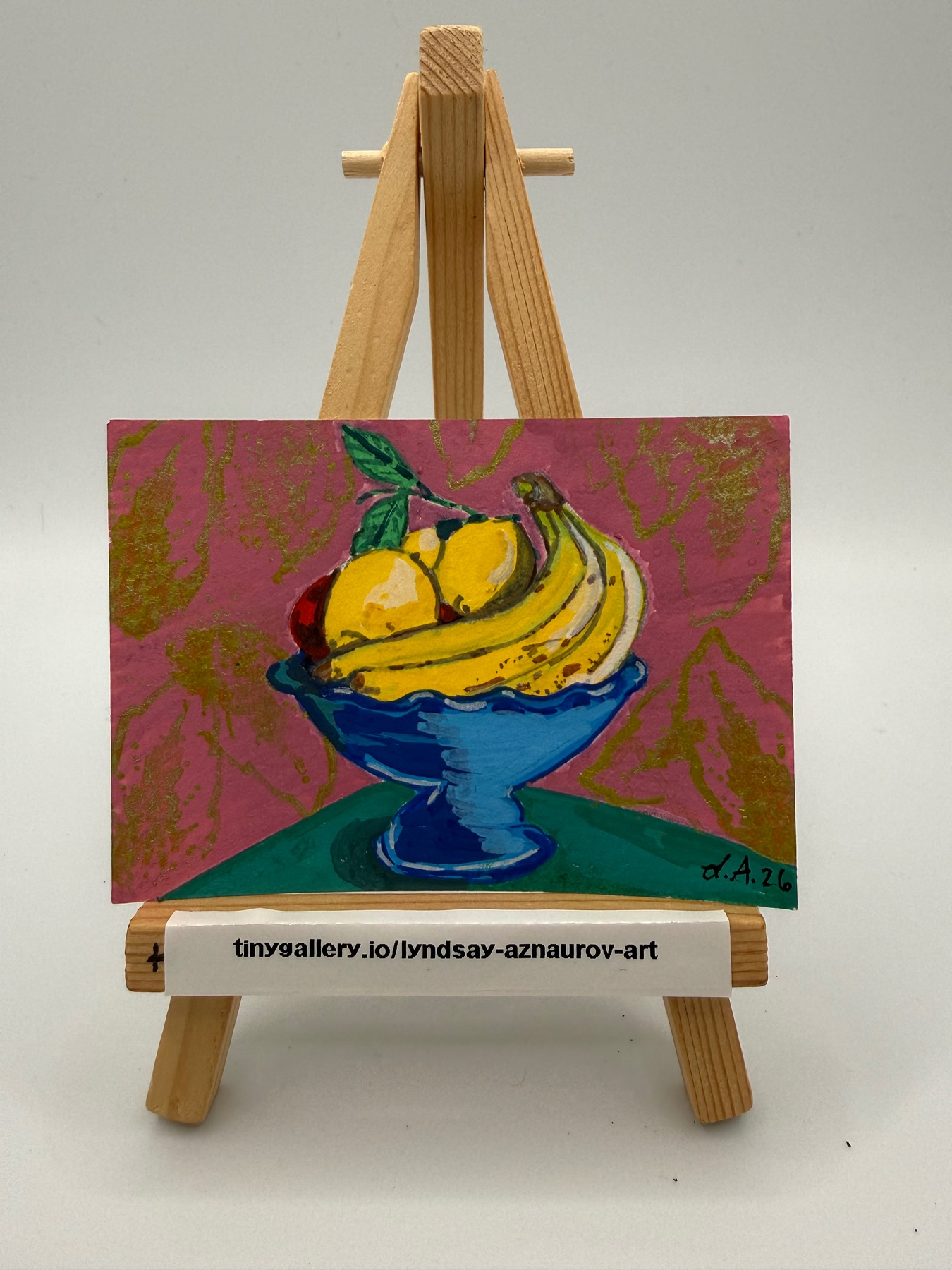 Fruit Bowl with Wallpaper Original ACEO by Lyndsay Aznaurov aceo art card
