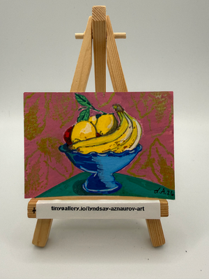 Fruit Bowl with Wallpaper Original ACEO by Lyndsay Aznaurov aceo art card thumbnail 1