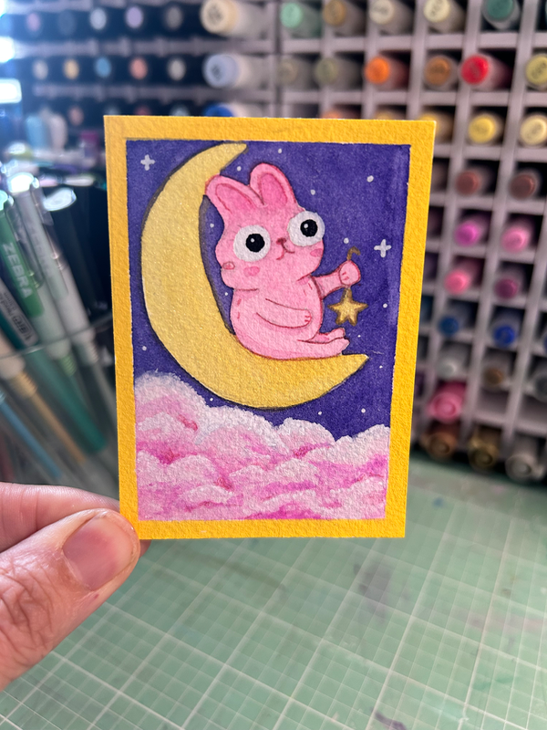 Bunny and moon aceo art card