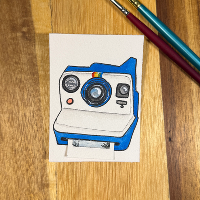 ACEO original, Camera, Polaroid, Now, Instant, Blue, film, watercolor aceo art card thumbnail 3