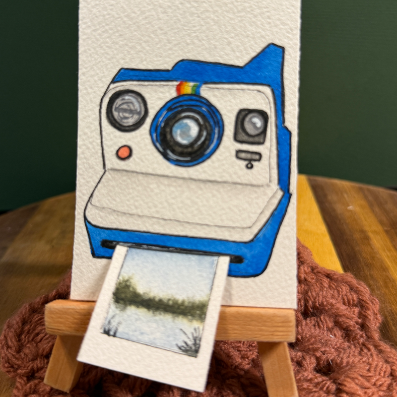ACEO original, Camera, Polaroid, Now, Instant, Blue, film, watercolor aceo art card