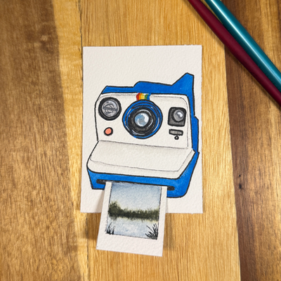 ACEO original, Camera, Polaroid, Now, Instant, Blue, film, watercolor aceo art card thumbnail 4