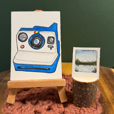ACEO original, Camera, Polaroid, Now, Instant, Blue, film, watercolor aceo art card thumbnail 2