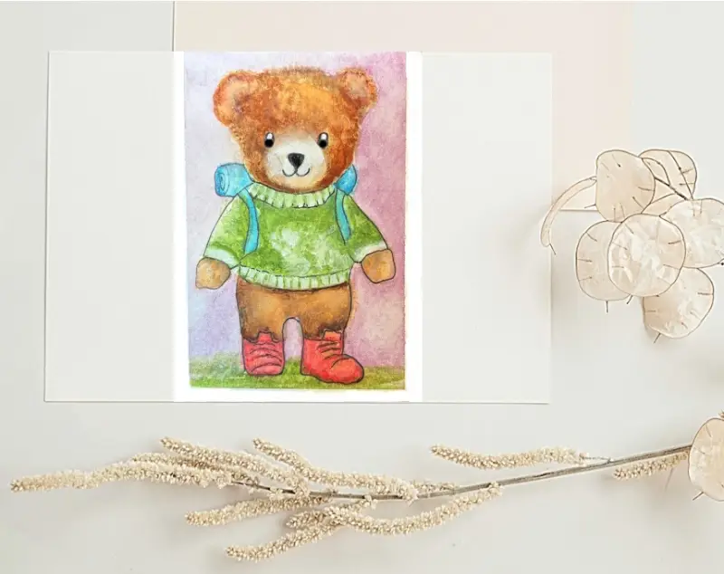 "Ready For An Outing" ACEO Fine Art by Edie OOAK SRA original watercolor anthropomorphic hiker aceo art card