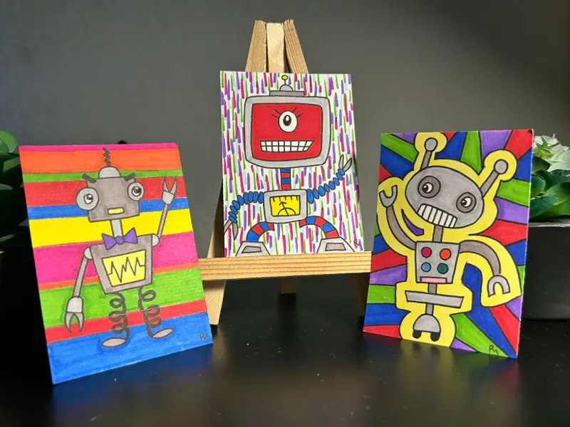 3 ACEO set Robot Artist Trading Cards aceo art card