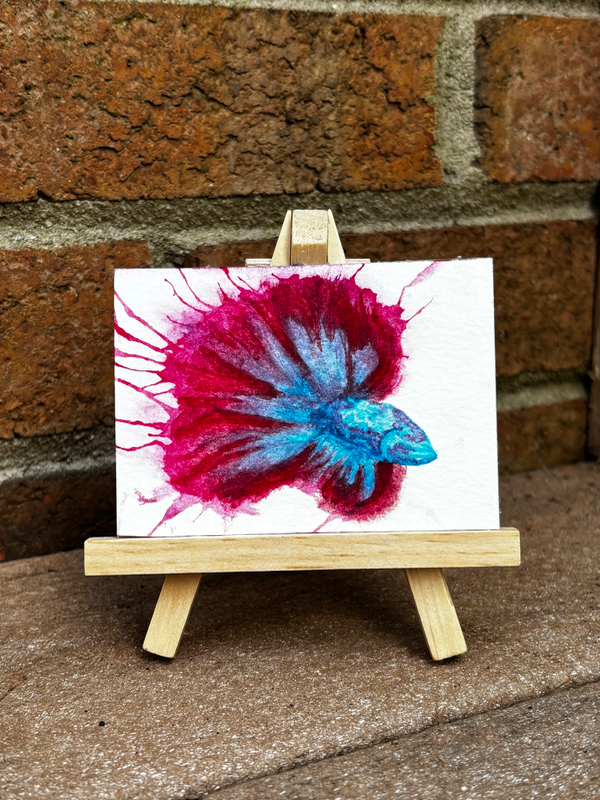 Abstract Red/Blue Fighter Beta Fish Surrealism aceo art card