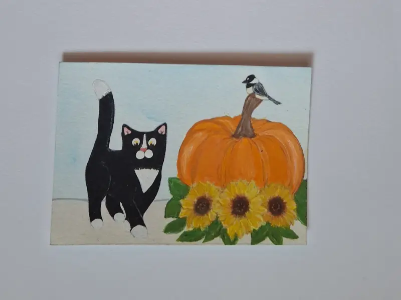 Cat with Fall pumpkin Chickadee aceo art card