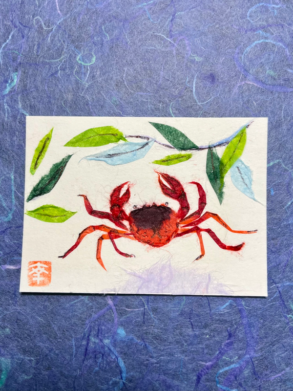 Japanese Washi art- River crab aceo art card