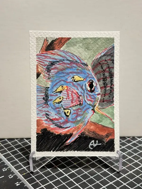 "Mamma Discus" Blue/Red/Black Mother Discus & Her Baby Fish aceo art card