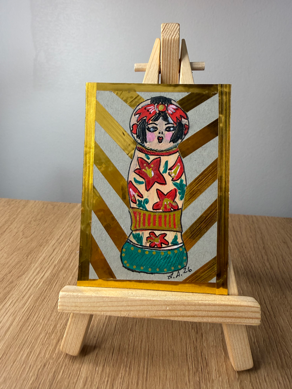 Special Edition Metallic Japanese Kokeshi Doll Original ACEO by Lyndsay Aznaurov aceo art card