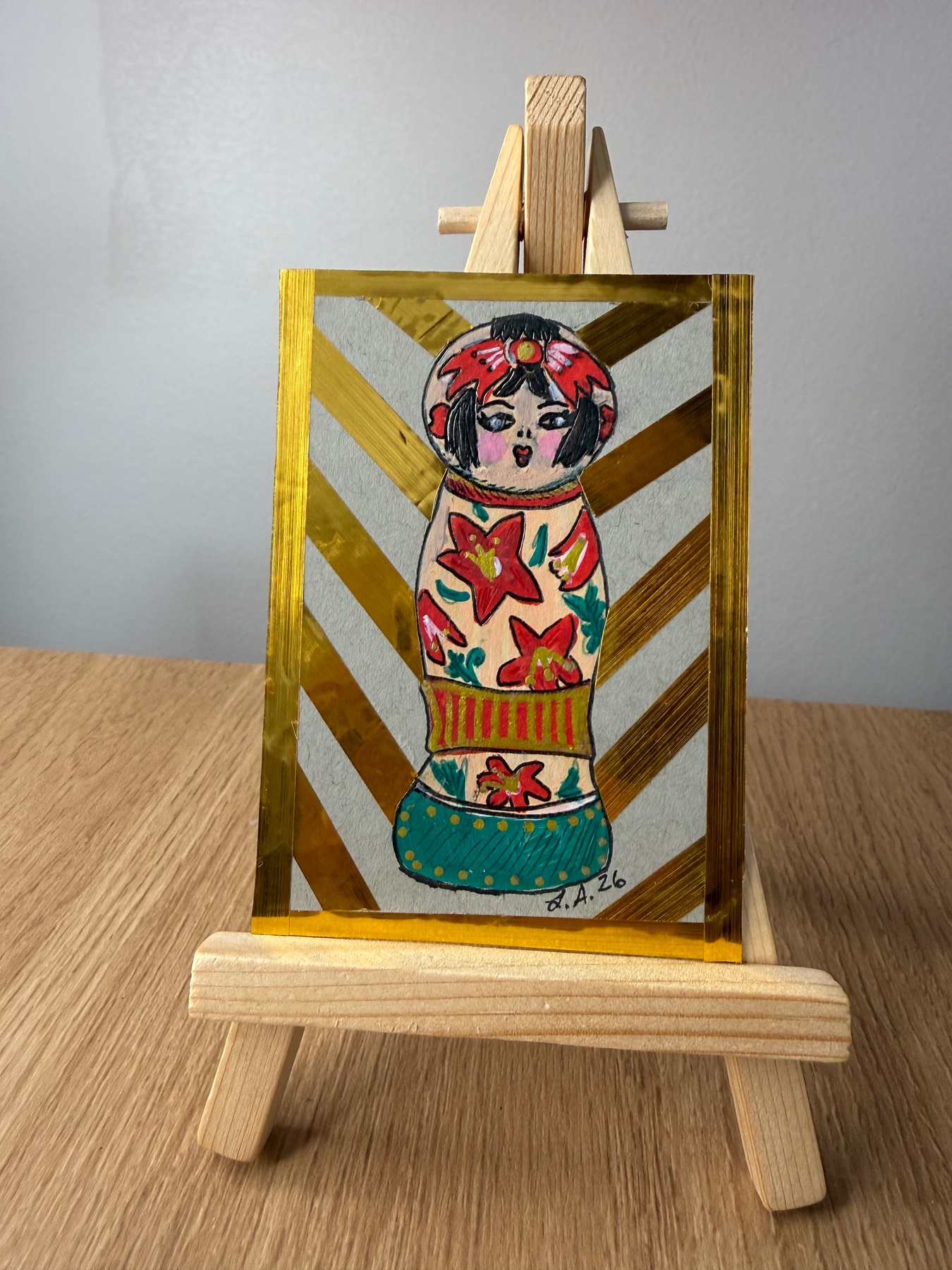 Special Edition Metallic Japanese Kokeshi Doll Original ACEO by Lyndsay Aznaurov aceo art card