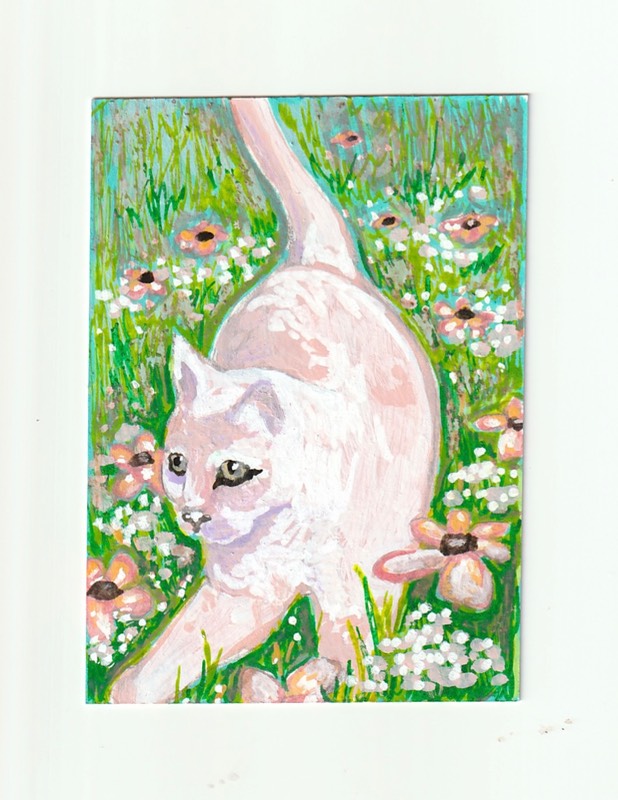 Cat in the Garden aceo art card