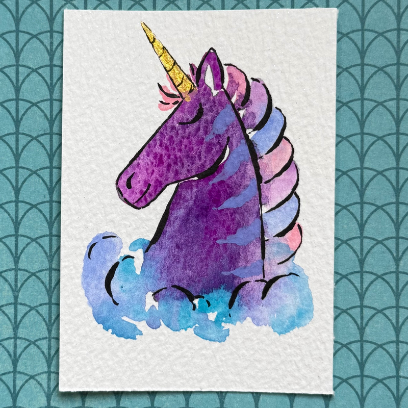 Purple Striped Unicorn aceo art card
