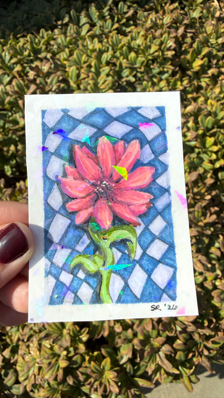 Trippy Pink Flower Holographic aceo art card