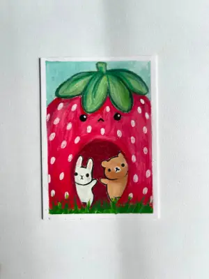 Strawberry House Bunny and Bear aceo art card thumbnail 2