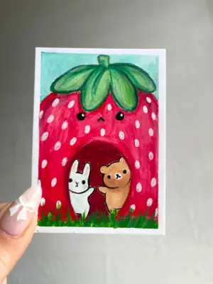Strawberry House Bunny and Bear aceo art card thumbnail 1