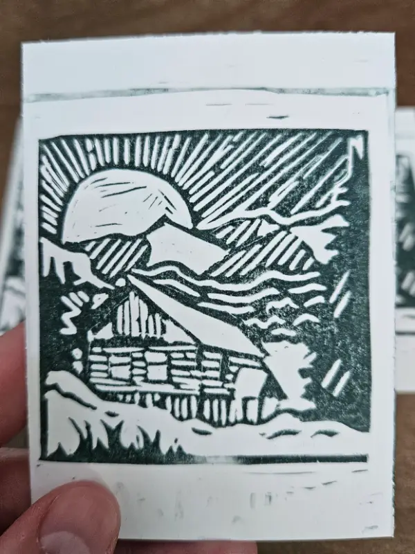 Original Mini Linocut of a Cabin (2/3) aceo art card