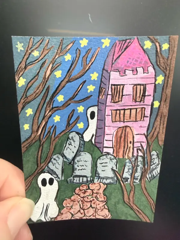 Peek a Boo Whimsical Ghosts in a Graveyard and Haunted House aceo art card