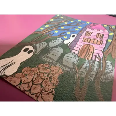 Peek a Boo Whimsical Ghosts in a Graveyard and Haunted House aceo art card thumbnail 2