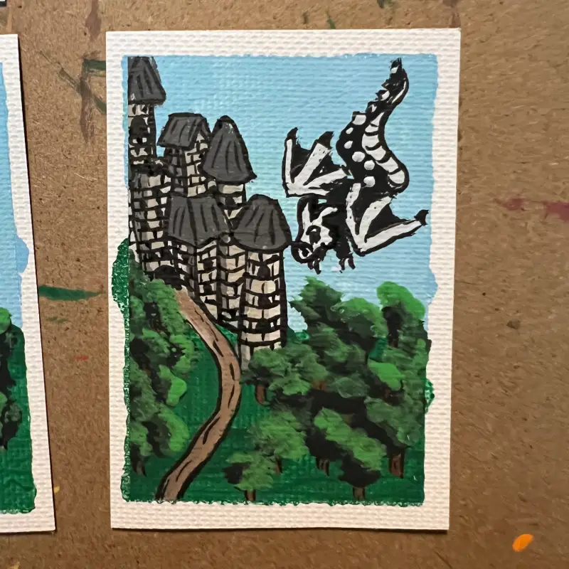 ACEO Original The Descent Black White Dragon Castle Hill Fantasy Acrylic Ink P&F Co aceo art card