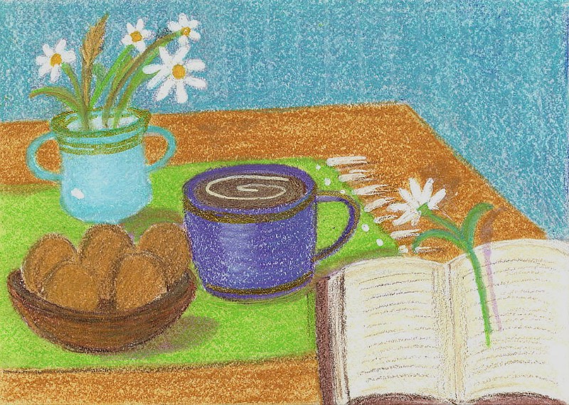Still Life with Coffee & Book - Colored Pencil & Acrylic Pen on Illustration Board aceo art card